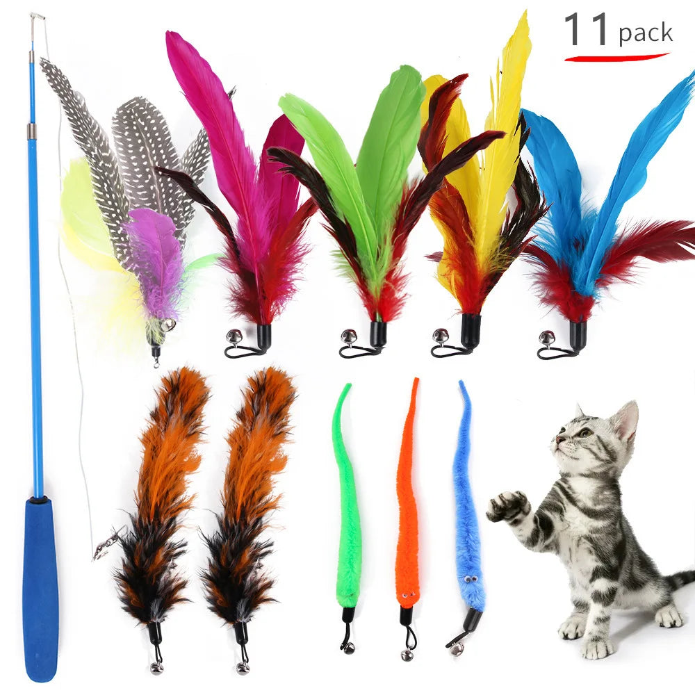 11-Piece Replacement Cat Feather Toy Set & Retractable Wand Cat Feather Toy Set Babs