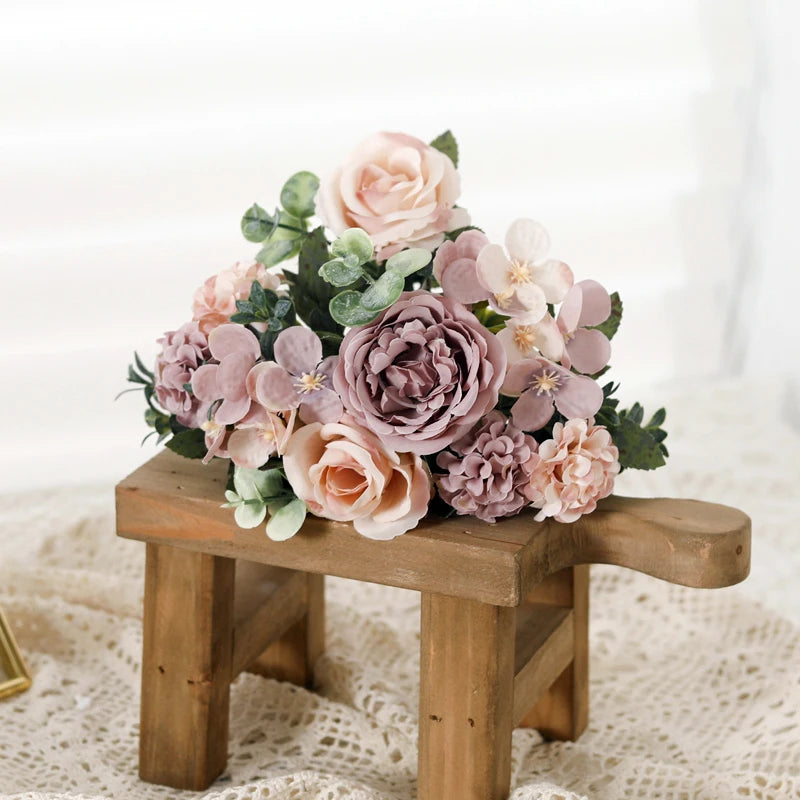 7-Head Silk Rose Peony Hydrangea Artificial Flower Bouquet Artificial Flower Bouquet Babs Purple 2