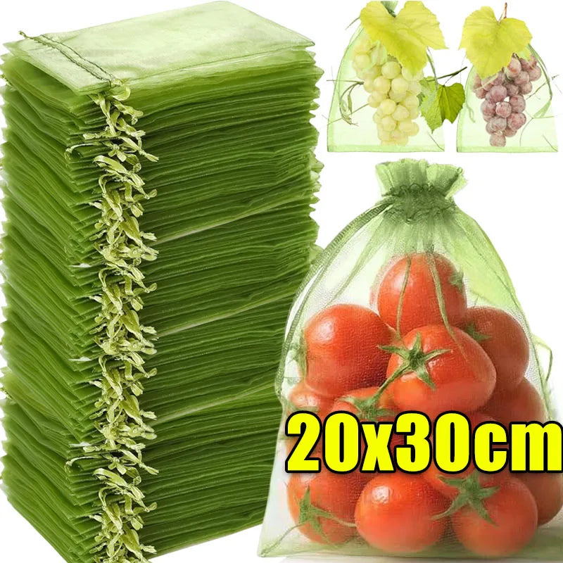 Green Mesh Fruit Protection Bags – Drawstring Pest Barrier Net Garden Pest Netting Babs 20x30cm 10pcs