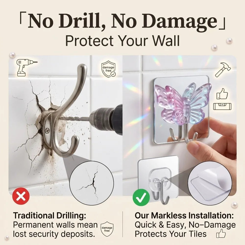2PCS Crystal Butterfly Self-Adhesive Wall Hooks – Bathroom & Kitchen Decorative Wall Hooks Babs