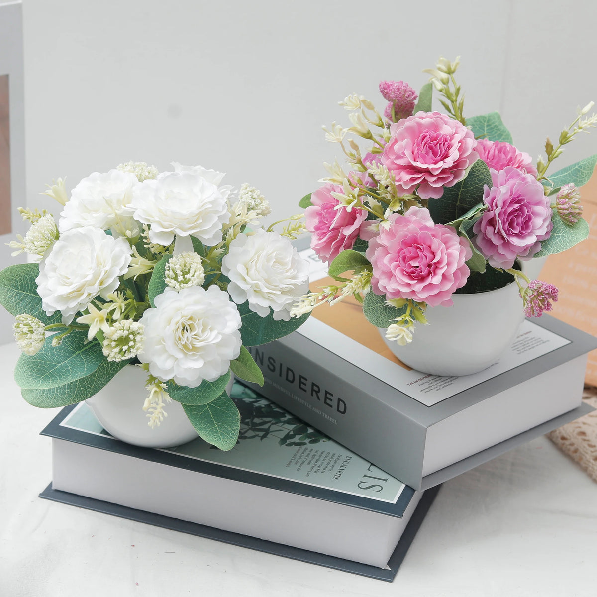 Peony Bonsai Artificial Silk Flowers Potted Plant Table Decor Artificial Flower Decor Babs