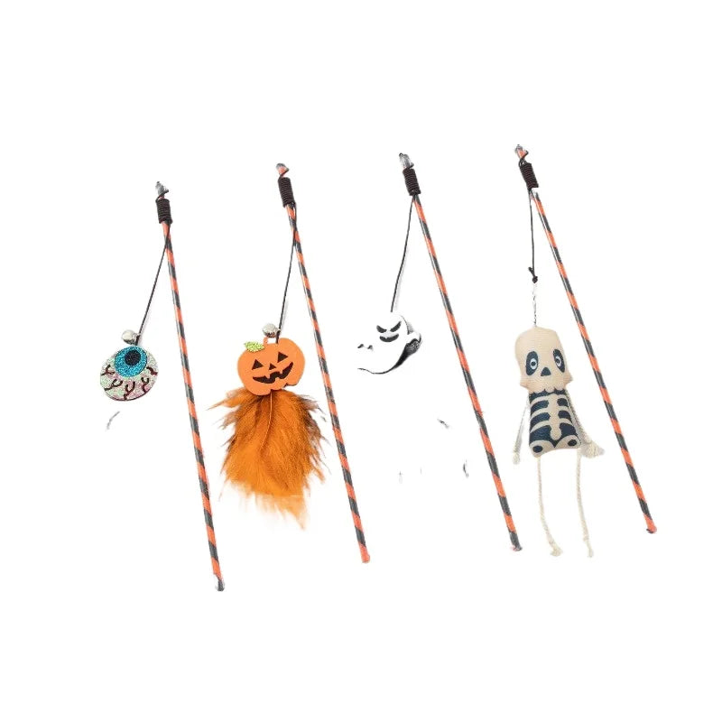 Halloween Cat Teaser Stick – Pumpkin Ghost Feather Bell Toy Cat Teaser Toy Babs