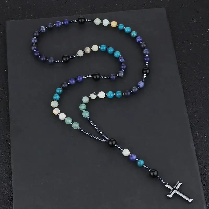 Natural Stone Rosary Necklace – Amazonite & Hematite Cross Gemstone Bead Necklace Babs