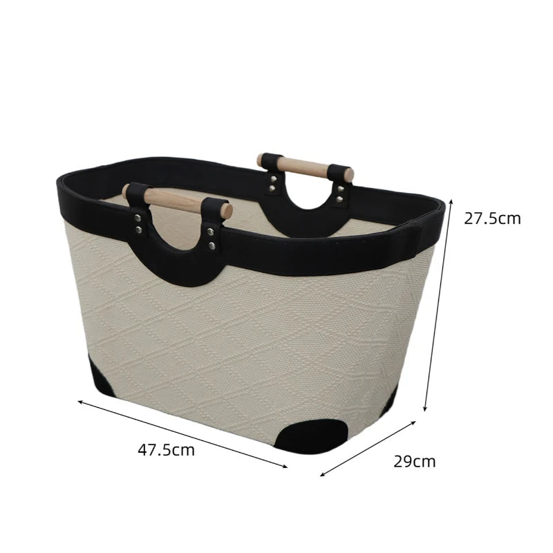 Large Leather Storage Basket with Wood Handle – Retro Organizer Leather Storage Basket Babs Black