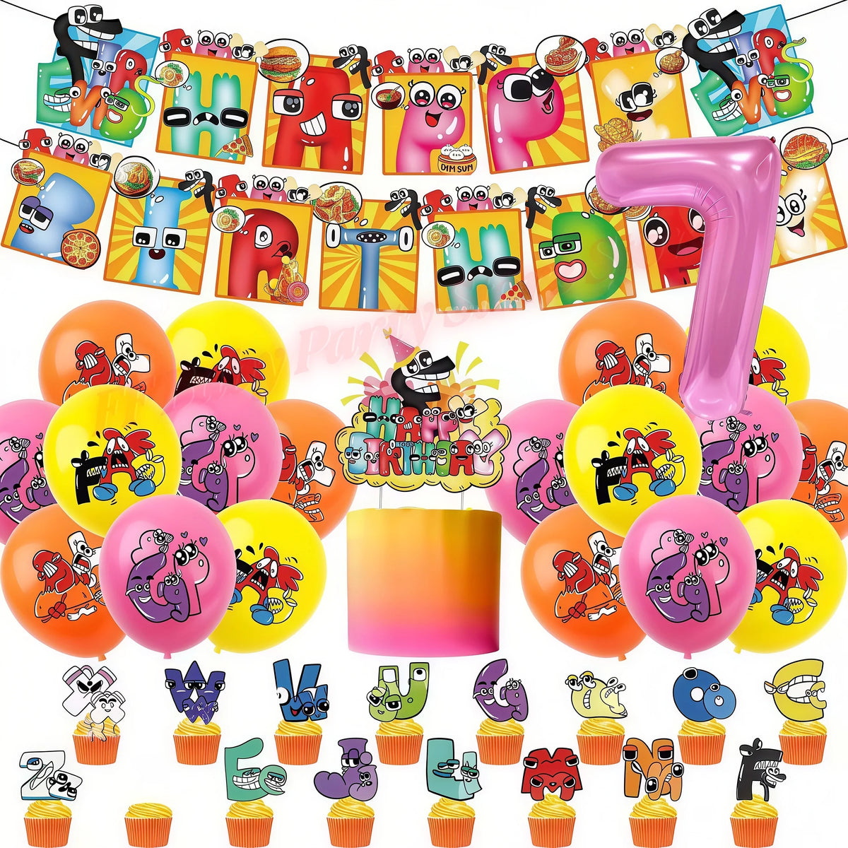Alphabet Lore Birthday Party Supplies – Balloons & Backdrop Set Party Decoration Set Babs 1set-Number 7 12inch