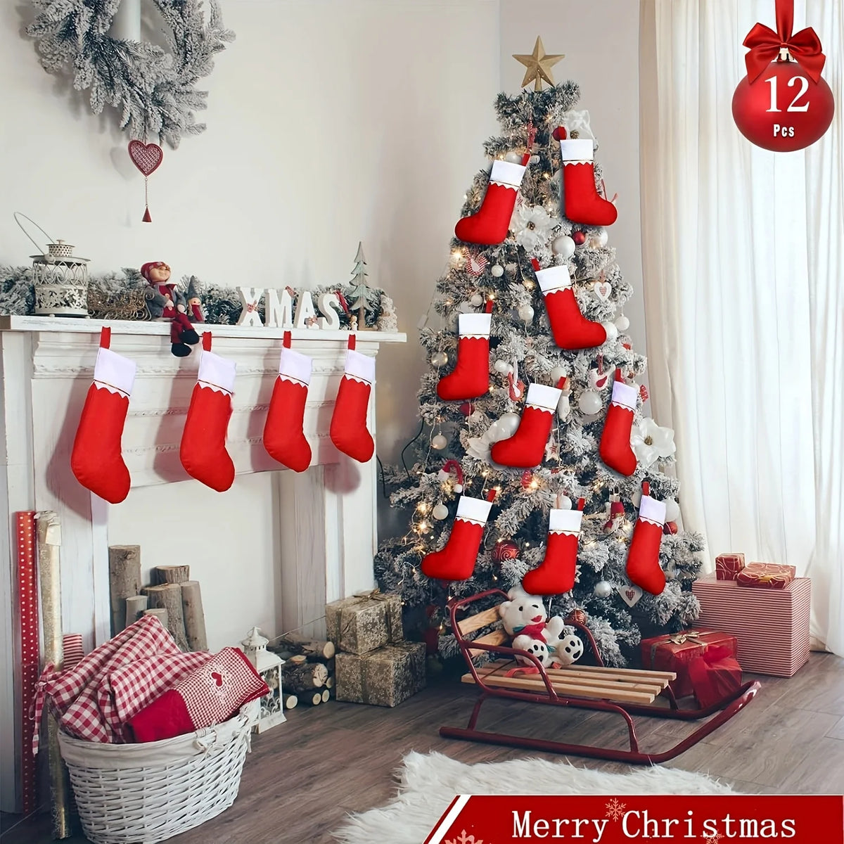 12 Christmas Stockings – Santa & Reindeer Holiday Design Christmas Stockings Babs