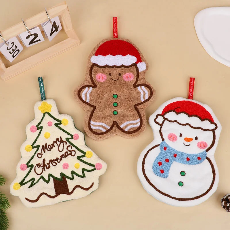Christmas Coral Fleece Hand Towel – Gingerbread Man & Snowman Holiday Hand Towel Babs