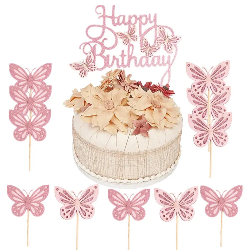 13Pcs Pink Butterfly Birthday Cake Topper Set for Girls Birthday Cake Topper Babs