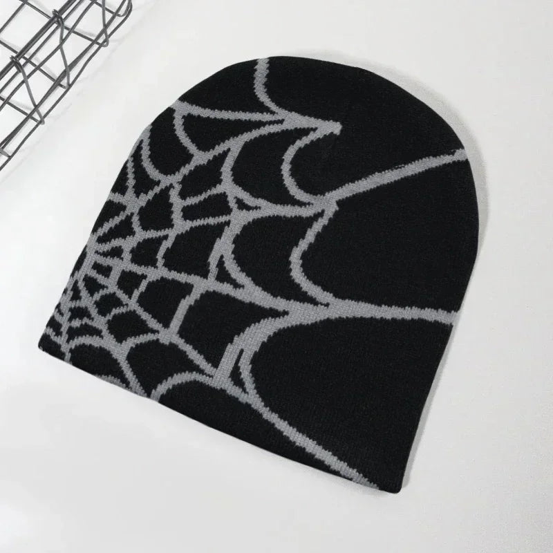 Spider Web Knit Beanie Hat – Y2K Goth Skullies Cap Men Women Knit Beanie Hat Babs Black grey One Size