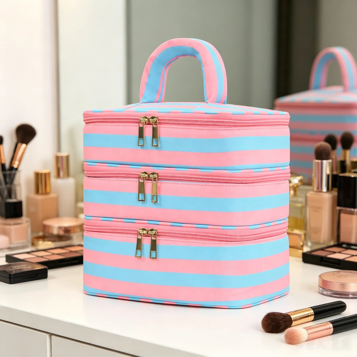 Large 3-Layer Travel Makeup Bag Organizer with Handle Travel Makeup Bag Babs Blue Pink