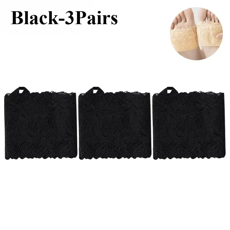 Women's Non-Slip Half Sole Lace Foot Cover Socks 1-10 Pairs Half Sole Foot Cover Babs Black-3Pairs