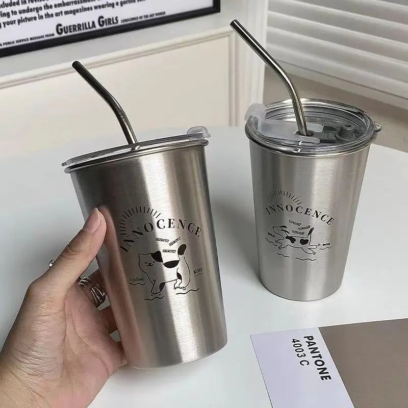 Large Stainless Steel Straw Cup with Lid – Hot & Cold Drinks Stainless Steel Tumbler Babs