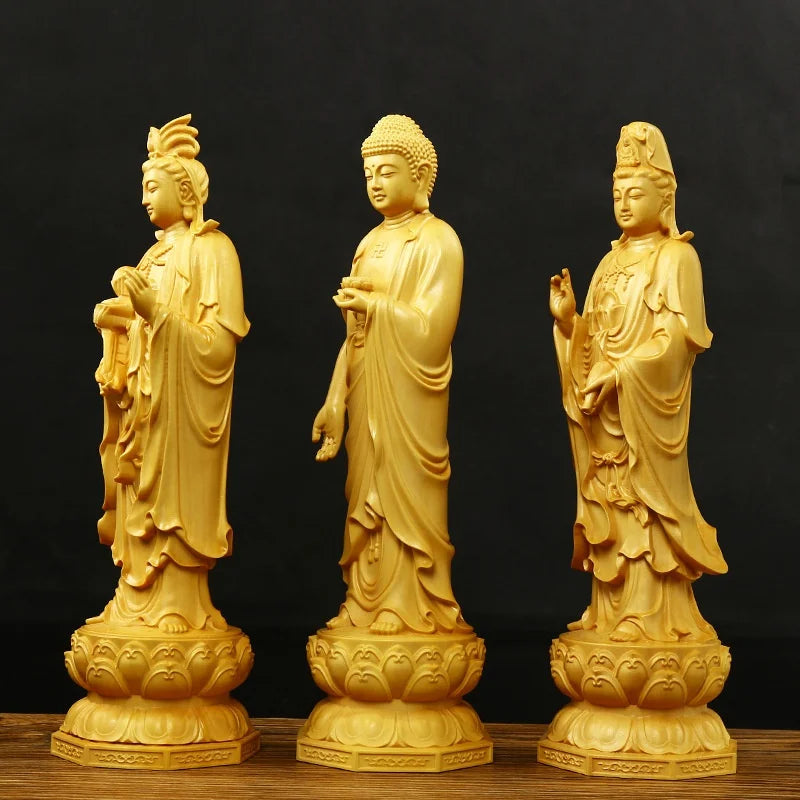 Hand-Carved Boxwood Guanyin Buddha Statue Set – 3 Holy Figures Wood Carved Statue Babs