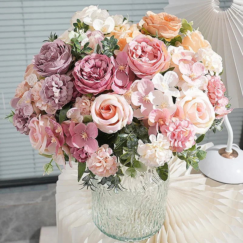 7-Head Silk Rose Peony Hydrangea Artificial Flower Bouquet Artificial Flower Bouquet Babs