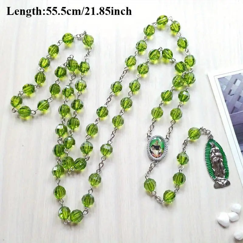 Green Virgin Mary Cross Necklace – Acrylic Sweater Chain Religious Chain Necklace Babs