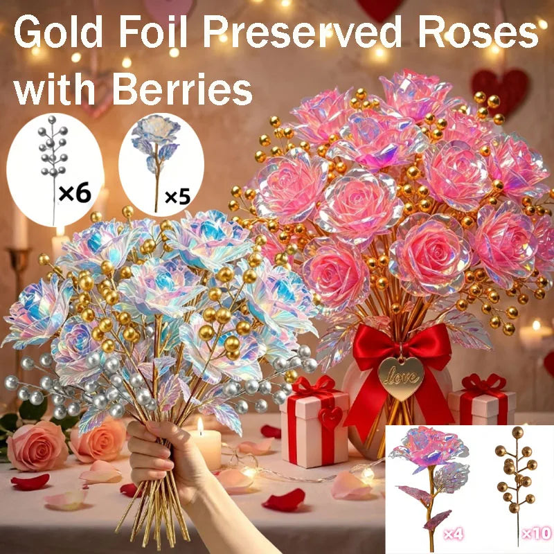 Gold Foil Preserved Roses with Berries – Wedding & Home Décor Preserved Floral Decor Babs