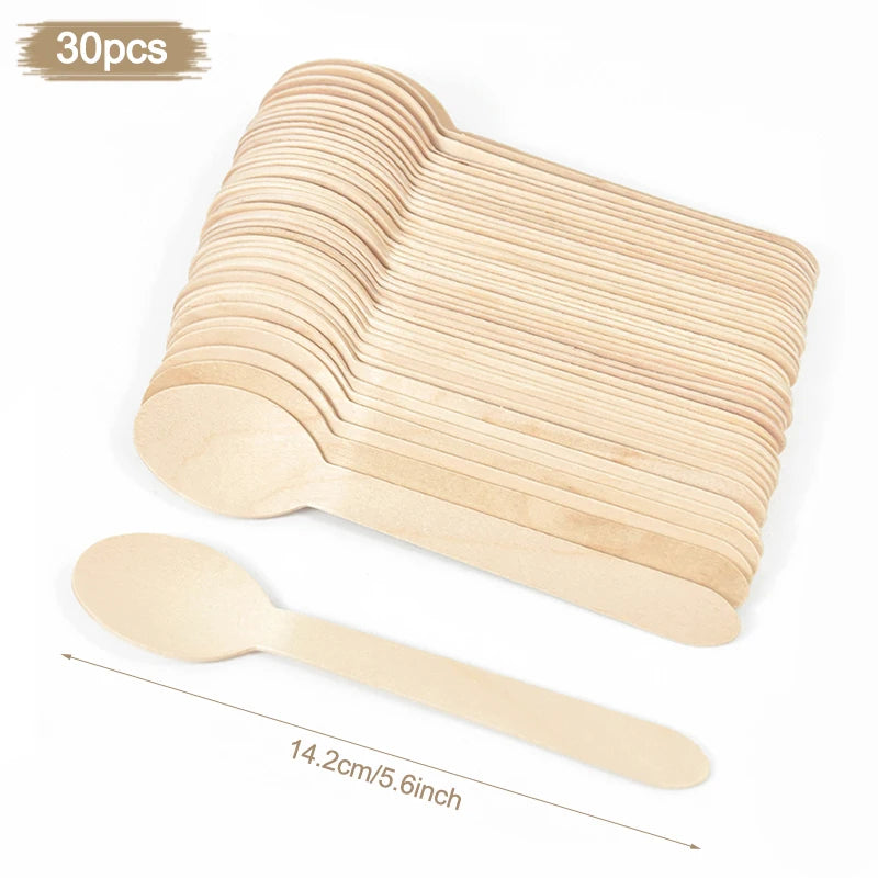 Disposable Wooden Cutlery Set – Party Spoon Fork Knife Disposable Cutlery Set Babs 30pcs-spoon-14cm