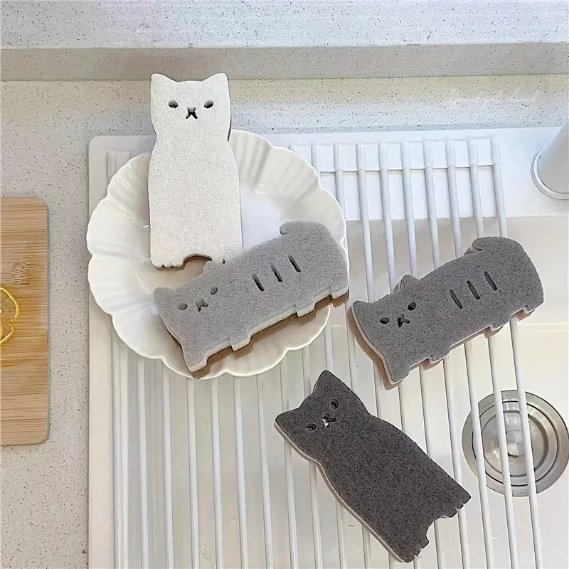 4-Piece Cat Shaped Kitchen Sponge Set – 3-Layer Dish Scrubber Kitchen Cleaning Sponge Babs