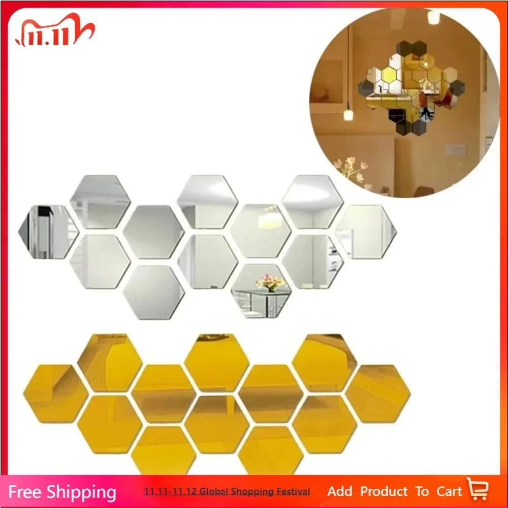 12PCS Hexagon Acrylic Mirror Wall Stickers – Mosaic Tile Decals Mirror Wall Stickers Babs