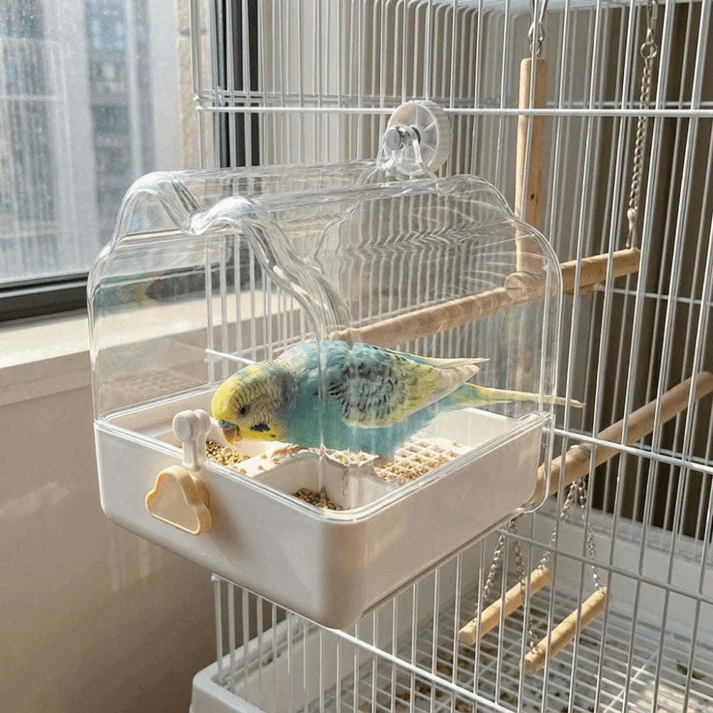 Parrot Birdbath Feeder – Transparent Splash-Proof Drawer Design Bird Bath Feeder Babs