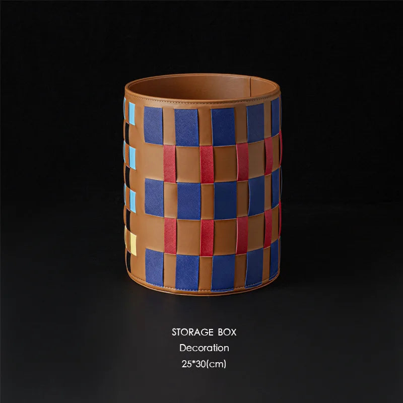 Colorful Leather Woven Round Storage Basket | Organizer Bin Woven Storage Basket Babs Colored Leather