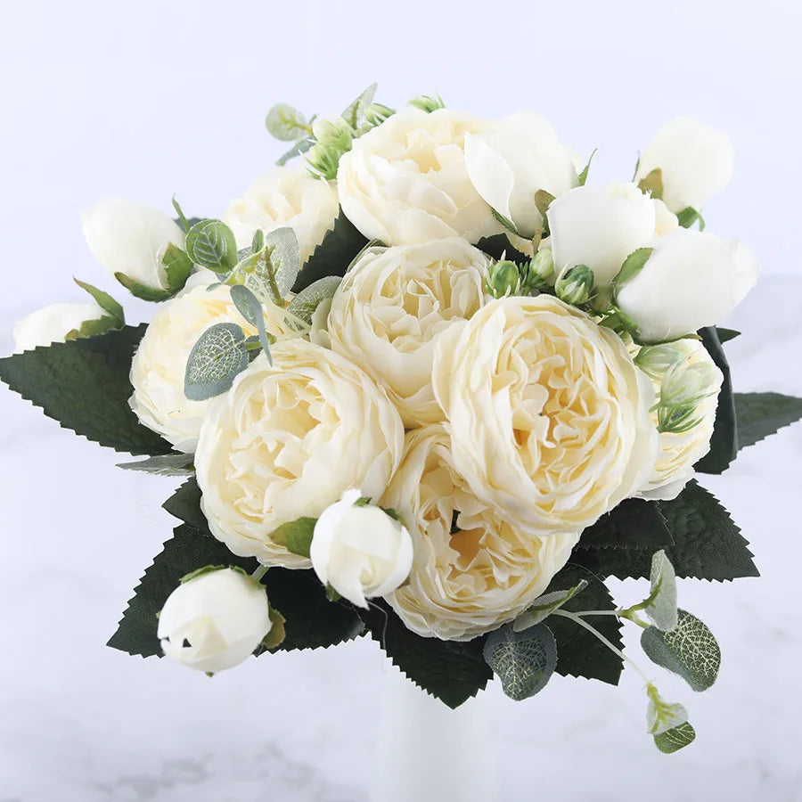 Silk Rose Peony Artificial Flowers – Wedding & Home Décor Artificial Flower Bouquet Babs White