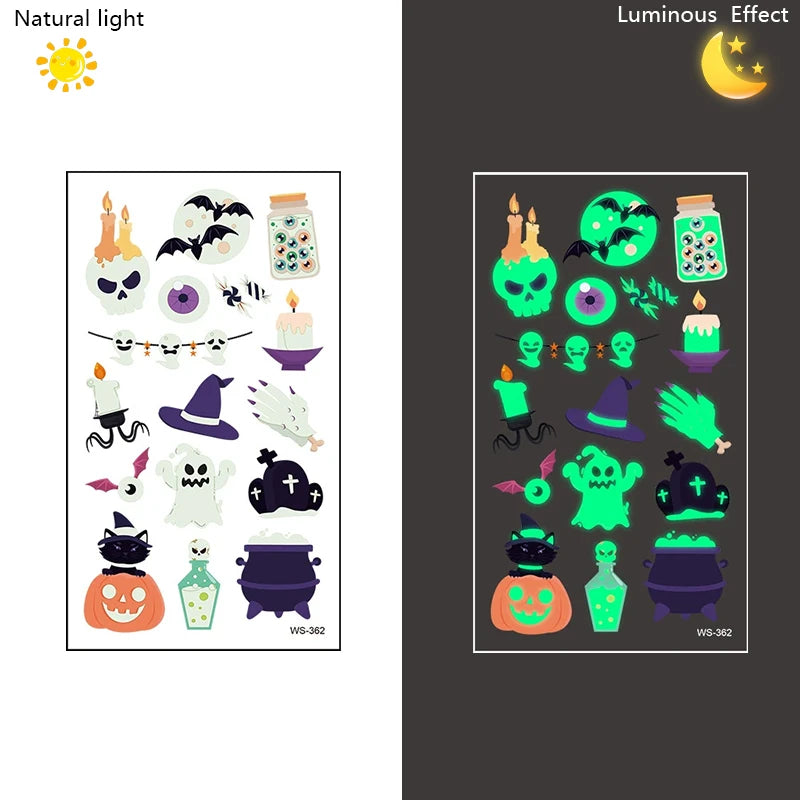 Halloween Glow-in-the-Dark Tattoo Stickers – 10 Sheets, Kids & Adults Halloween Tattoo Stickers Babs