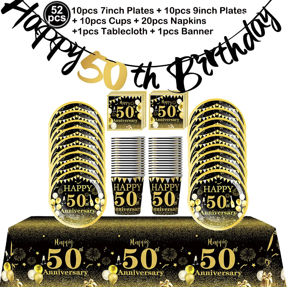 50th Birthday Party Tableware Set – Black & Gold Disposable Party Tableware Babs Red