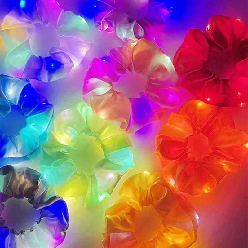 LED Light-Up Scrunchies – Satin Elastic Hair Bands for Parties LED Hair Scrunchies Babs