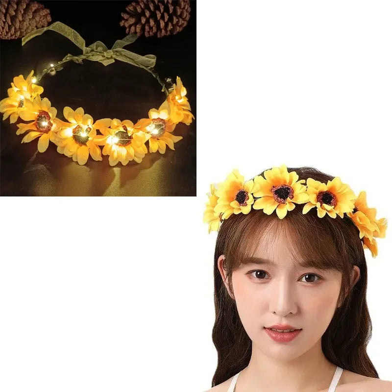 10pcs LED Floral Crown Headbands – Sunflower Wreath Party Set Floral Crown Headband Babs
