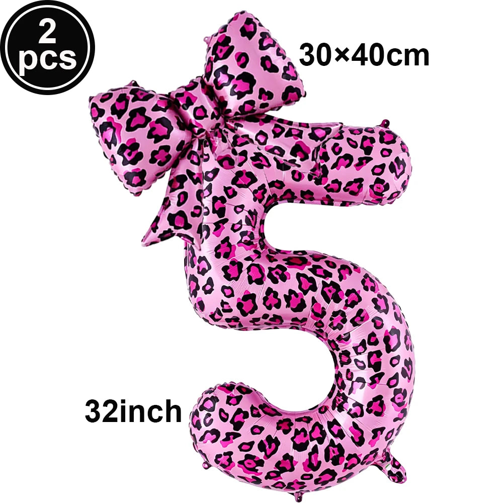 32" Pink Leopard Number Foil Balloons with Bow – Party Decor Party Foil Balloons Babs A-5 As pictures show