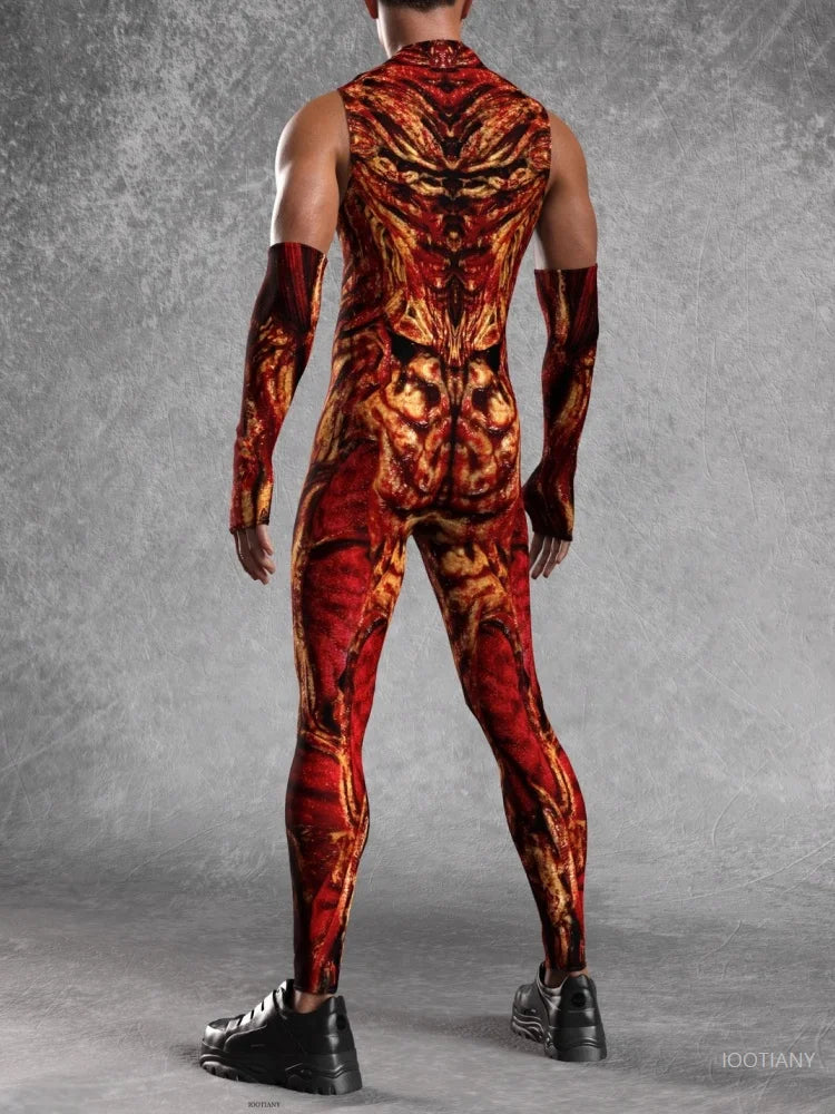 Men's Halloween Flame Magma Muscle Monster Bodysuit Tights Halloween Costume Bodysuit Babs