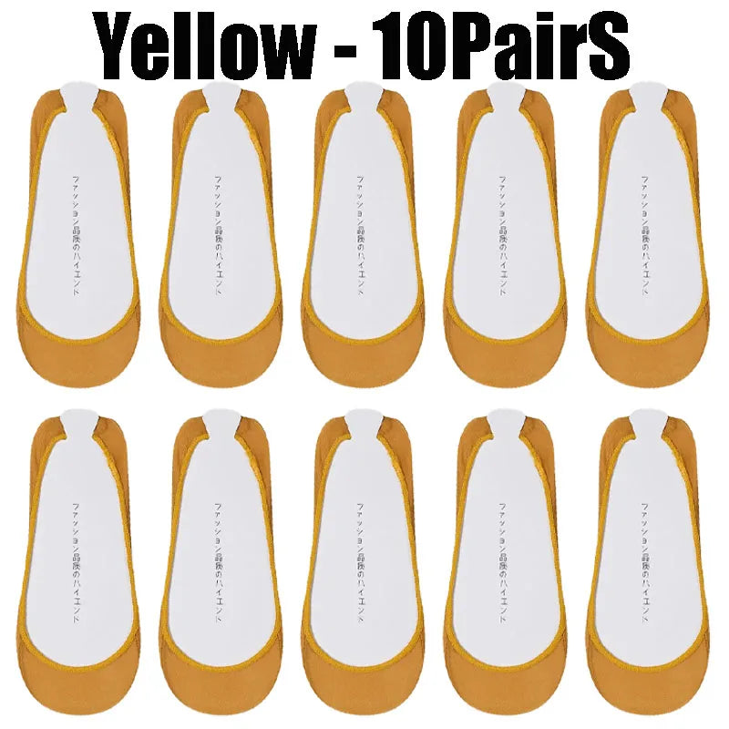 Women's Invisible No-Show Socks – Ice Silk Silicone Non-Slip No-Show Boat Socks Babs Yellow- 10PairS 1XL