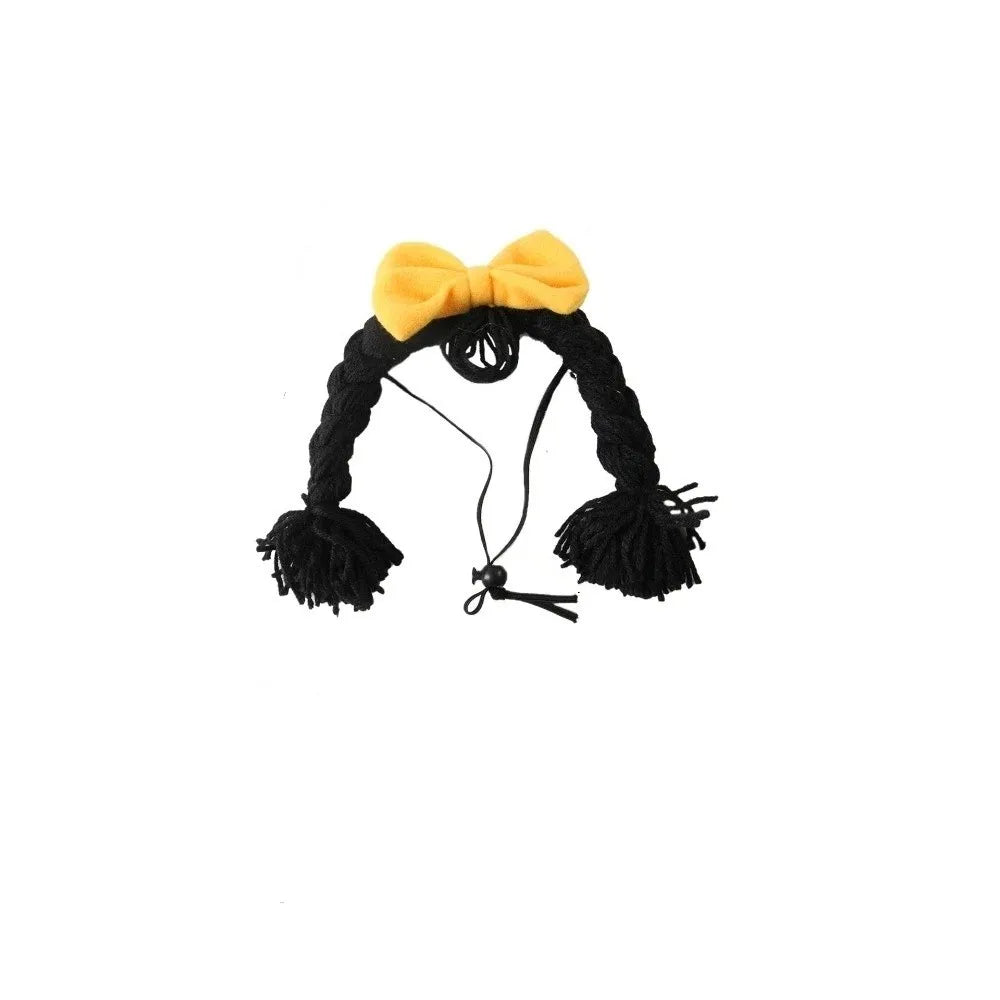 Cute Pet Wig Braid Bow Headgear Cat Cosplay Costume Pet Costume Headgear Babs Black