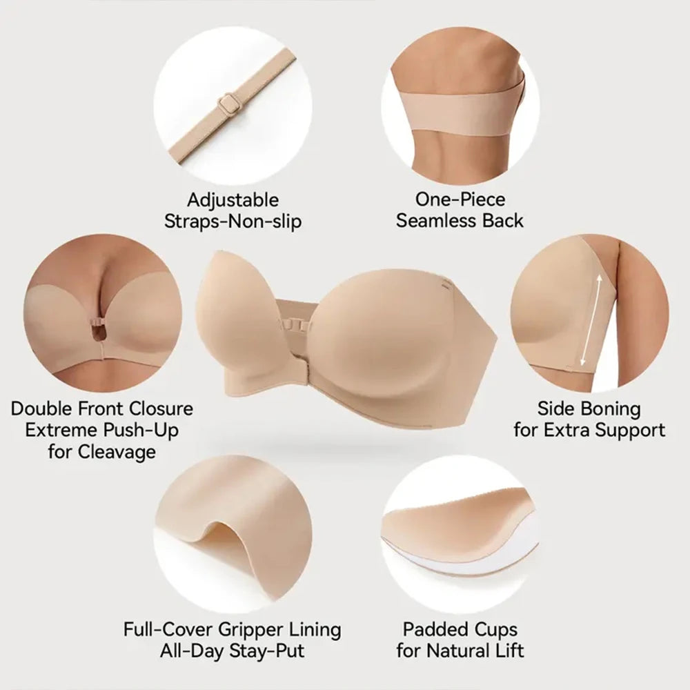 Women's Strapless Backless Seamless Push-Up Bralette Front Closure Seamless Bralette Babs