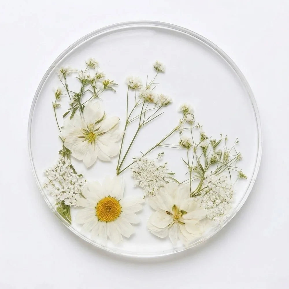 Round Acrylic Coasters – Colorful Floral Transparent Cup Mats Decorative Coasters Babs White