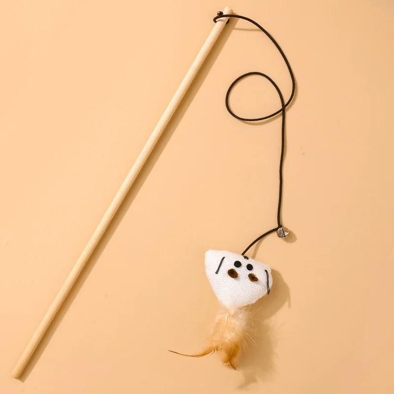 Wooden Cat Teaser Wand with Bell, Feather & Linen Kitten Toy Cat Teaser Wand Babs 1Pc 5