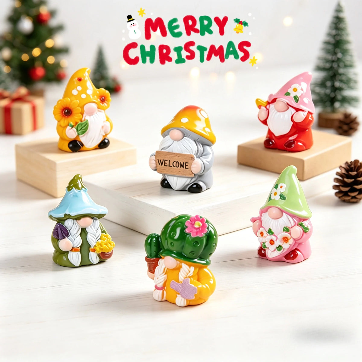 Mini Gnome Figurines Set of 6 – Resin Elf Garden & Xmas Decor Resin Gnome Figurines Babs