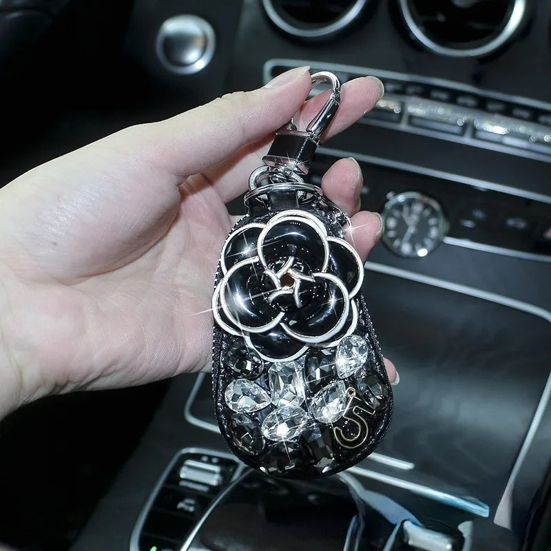 Camellia Rhinestone Car Key Case – Universal Diamond Key Cover Car Key Case Babs black