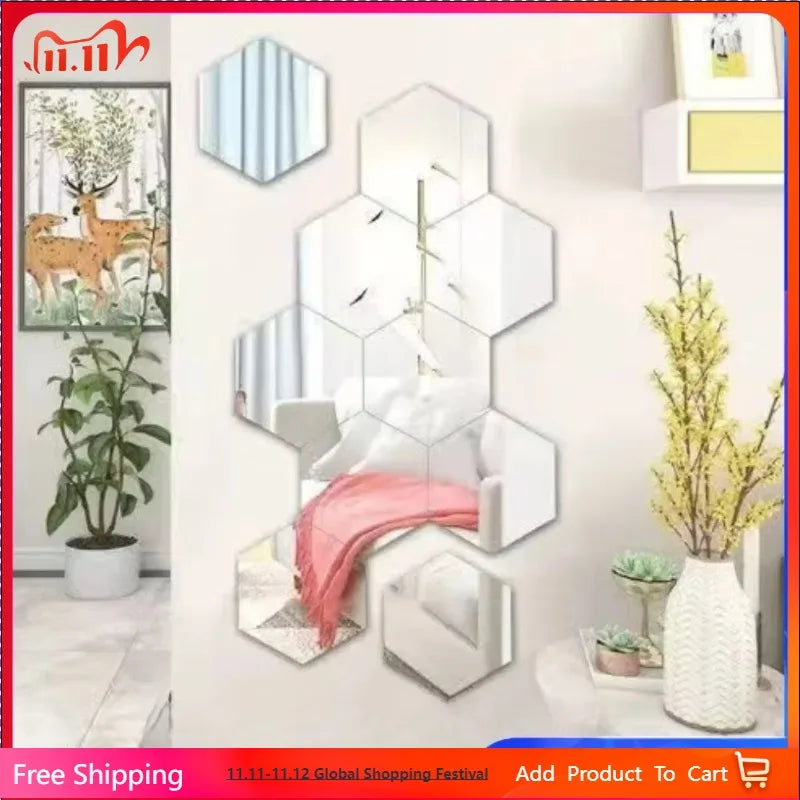 24pcs Hexagon Acrylic Mirror Wall Stickers 3D Mosaic Decal Mirror Wall Stickers Babs
