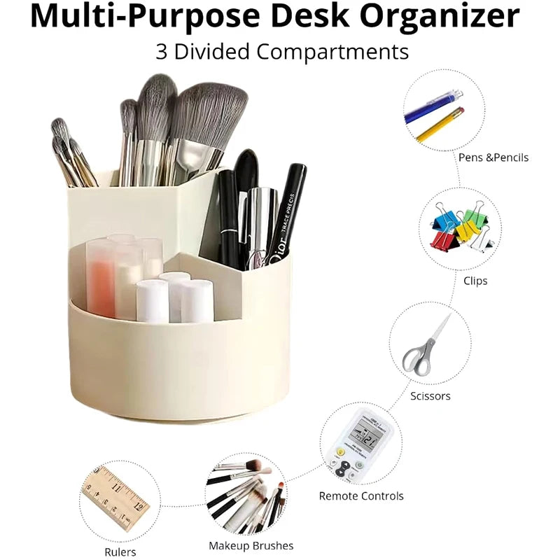 360° Rotating Pen & Makeup Brush Holder – 3-Slot Organizer Rotating Desk Organizer Babs