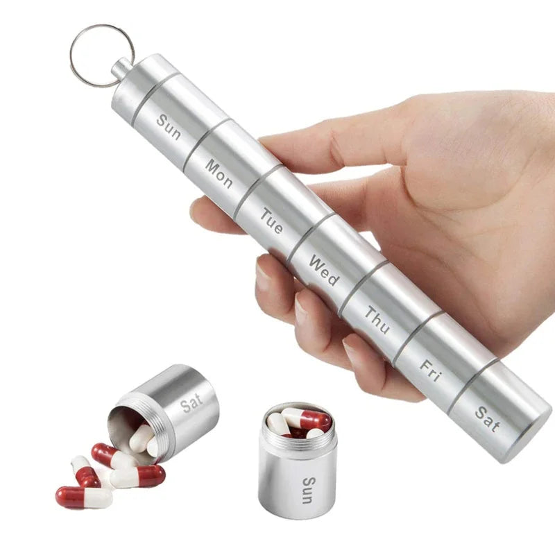Aluminum Alloy Waterproof Pill Box with Keychain | 7-Day Pill Organizer Babs