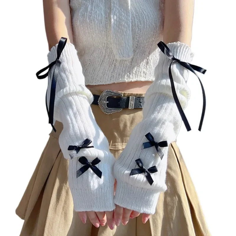 Y2K Bow Knit Arm Warmers – Women's Half Finger Mittens Knit Arm Warmers Babs