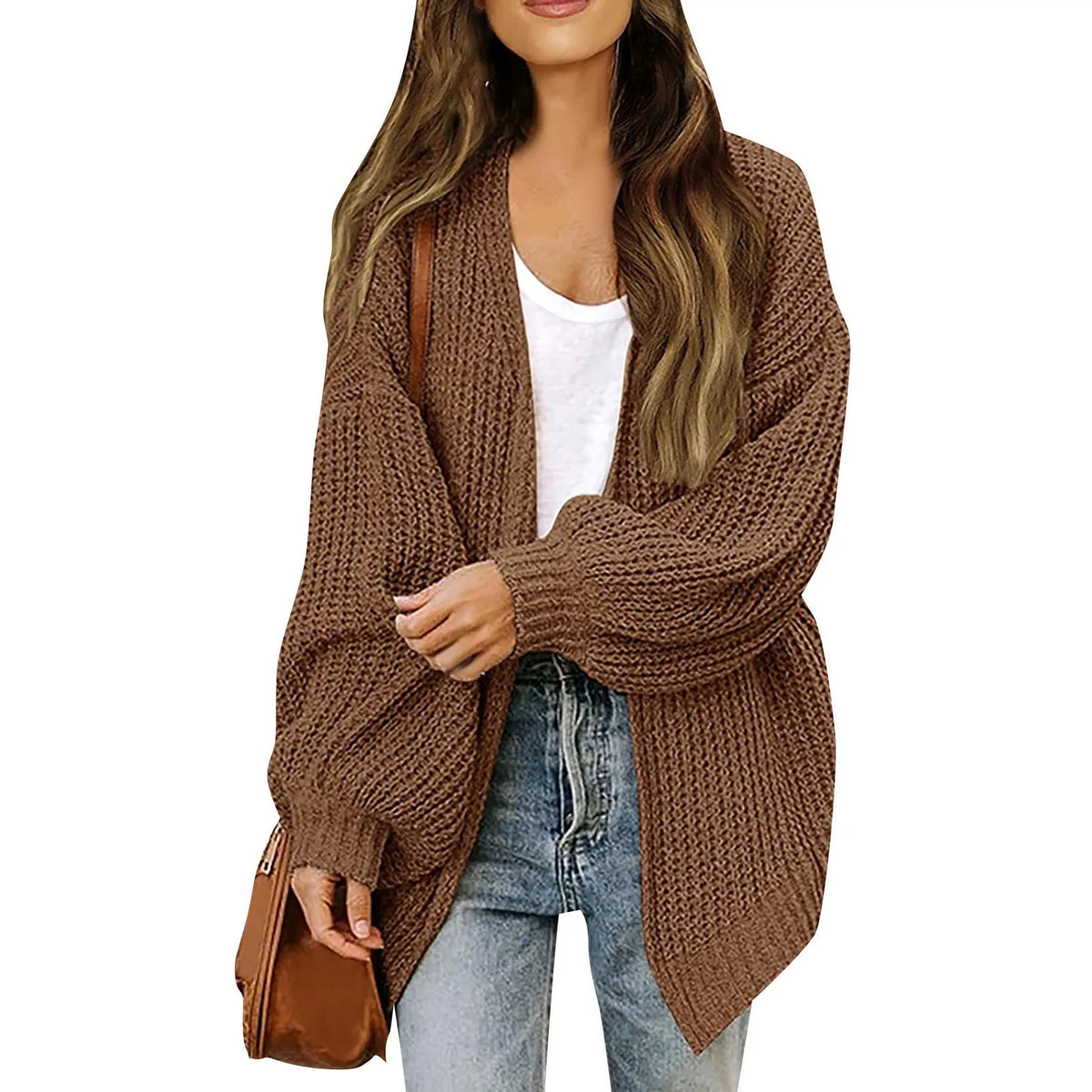 Women's Lantern Sleeve Thick-Knit Cardigan – Loose V-Neck Coat Knit Cardigan Sweater Babs XXL light brown