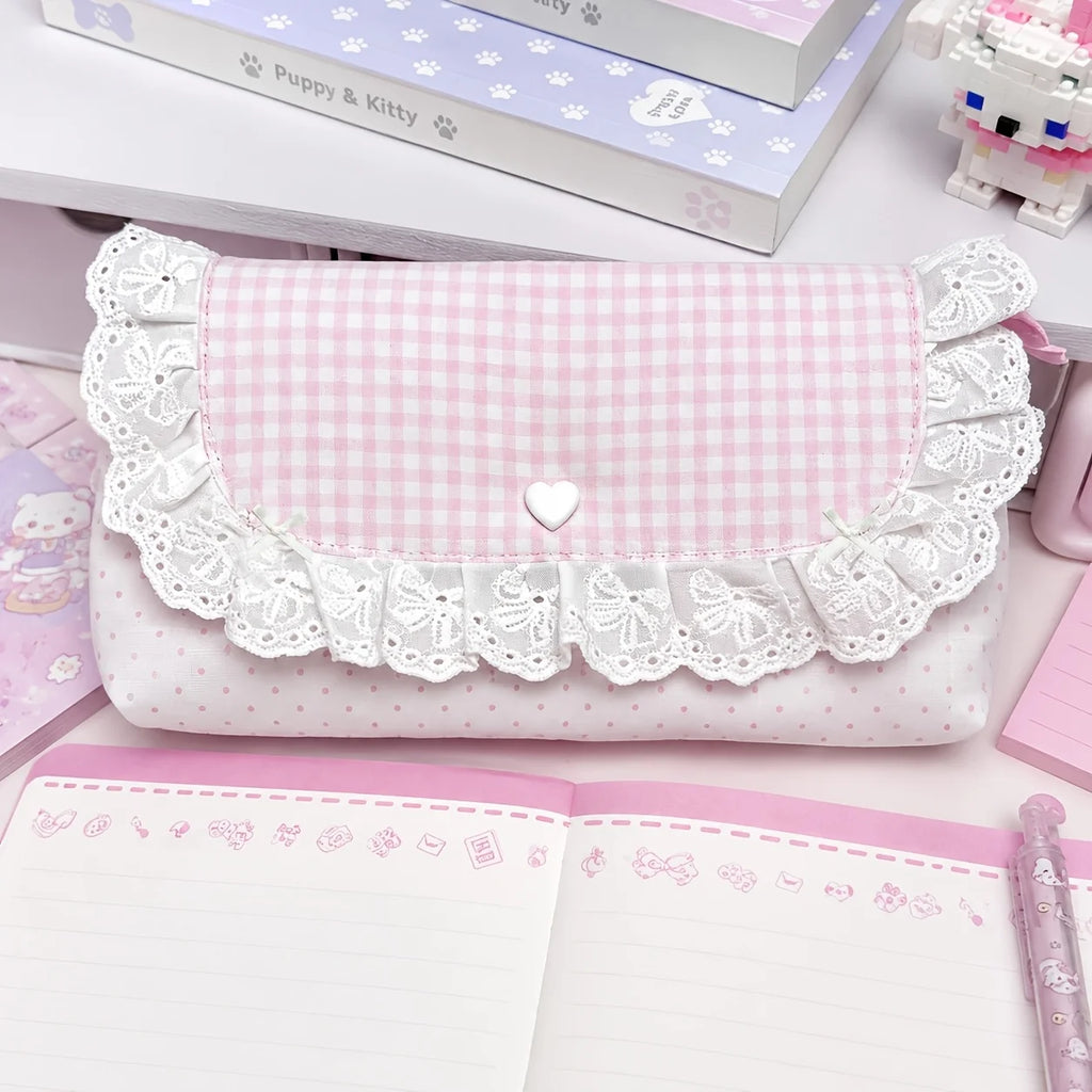 Pink Checkered Lace Pencil Case | Multifunctional Organizer Bag Pencil Case Organizer Babs Pink