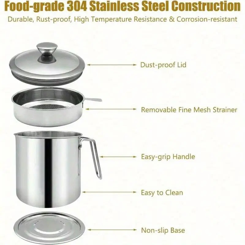 Stainless Steel Bacon Grease Container with Strainer & Lid Grease Storage Container Babs