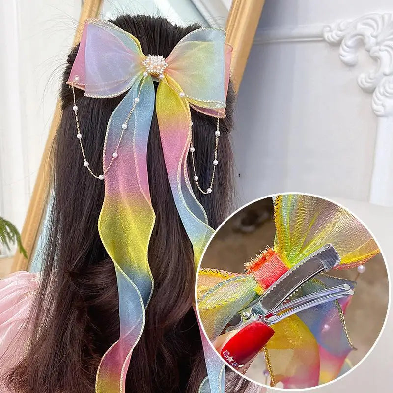 Pearl Chain Mesh Hair Bows Tassel Ponytail Clips for Girls Girls Hair Bow Clip Babs