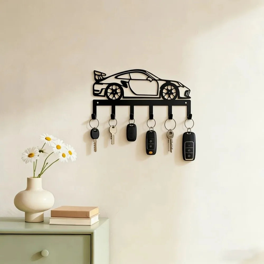 Black Industrial Metal Wall Key Rack – 6 Hooks, Pre-Drilled Wall Key Rack Babs