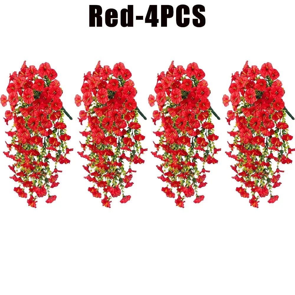 Artificial Morning Glory & Eucalyptus Hanging Floral Decor Artificial Hanging Decor Babs Red-4PCS Plastic