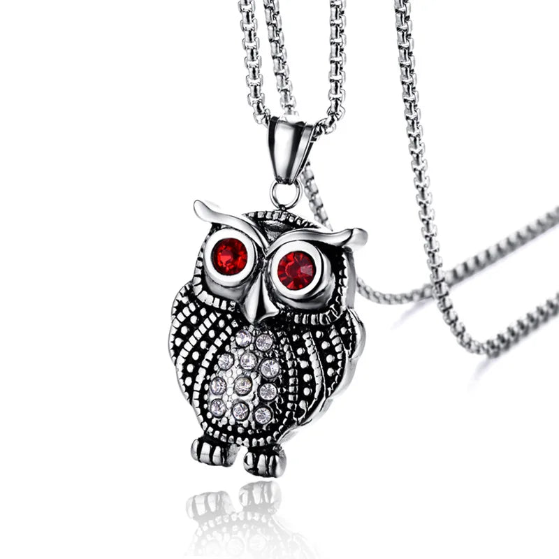 Retro Owl Gemstone Necklace – Titanium Steel Unisex Jewelry Pendant Necklace Babs